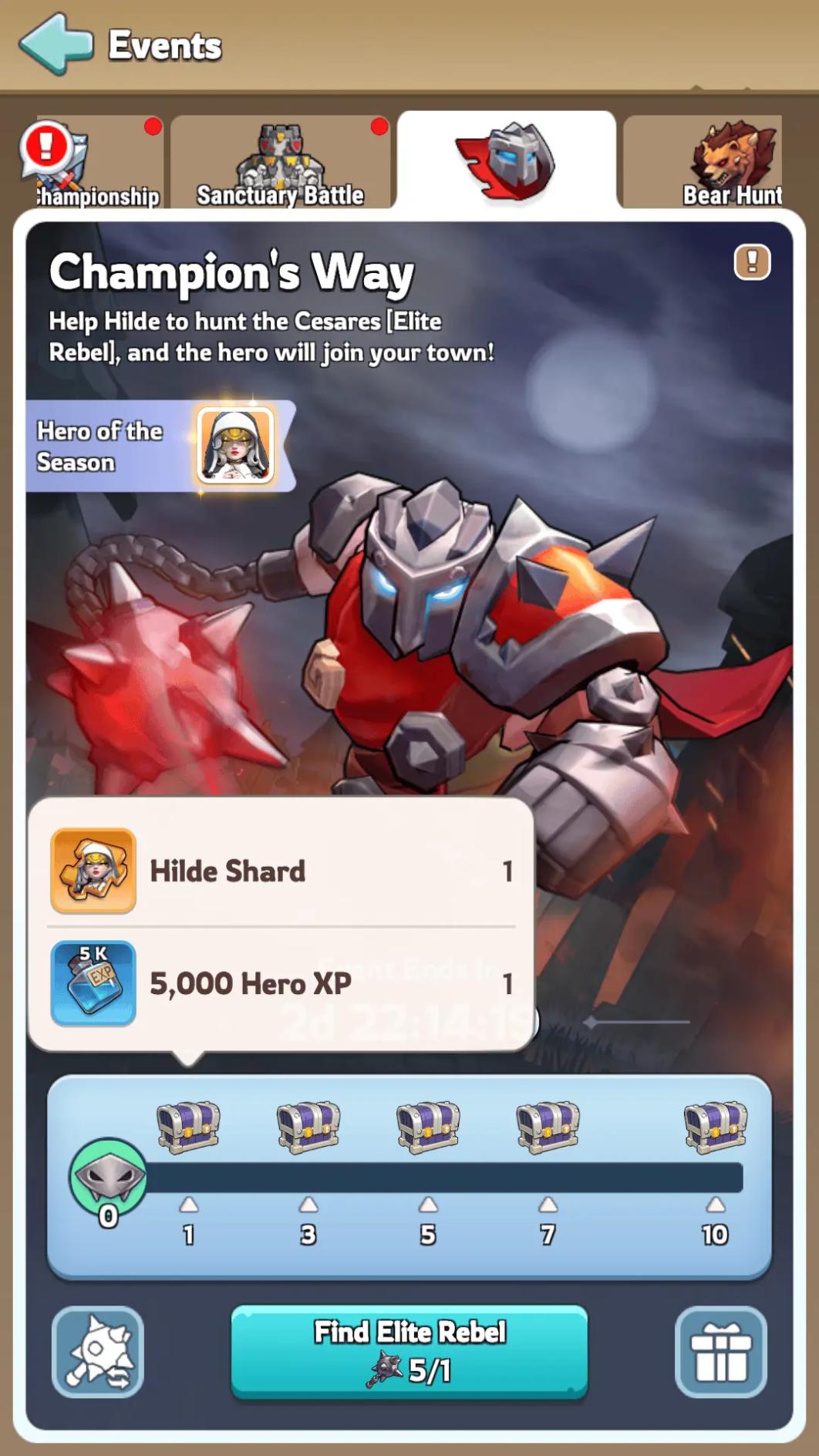 Champion's Way complete milestone progression showing all five chest tiers and cumulative rewards for unlocking Mythic Hero Hilde