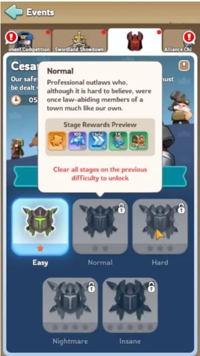 KingShot Cesares Fury Hardest Difficulty Strategy - Comparison showing superior rewards from higher difficulty levels versus easier completions