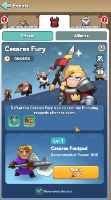 KingShot Cesares Fury Scouting and Attacking Mechanics - Visual breakdown of stamina costs for scouting (15), solo march (10), and rally attacks (25)