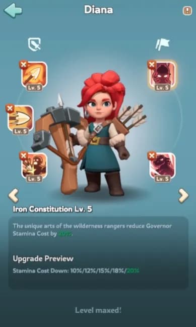 KingShot Cesares Fury Diana Hero Stamina Optimization - Diana's Iron Constitution skill reducing monster attack stamina costs by 20% for efficient resource management