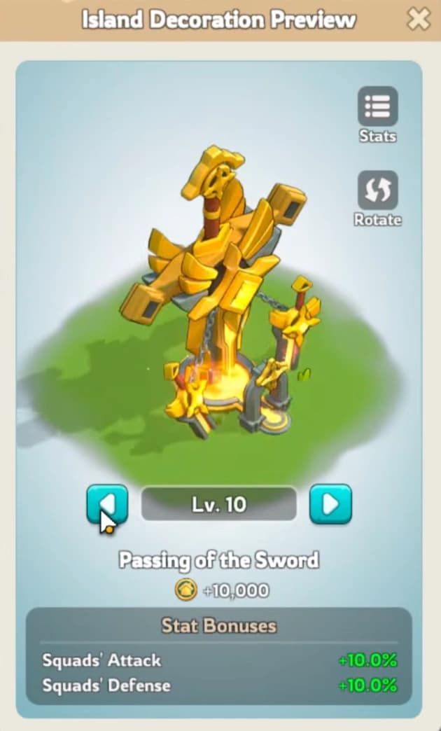 Passing of the Sword island decoration squad attack and defense stats