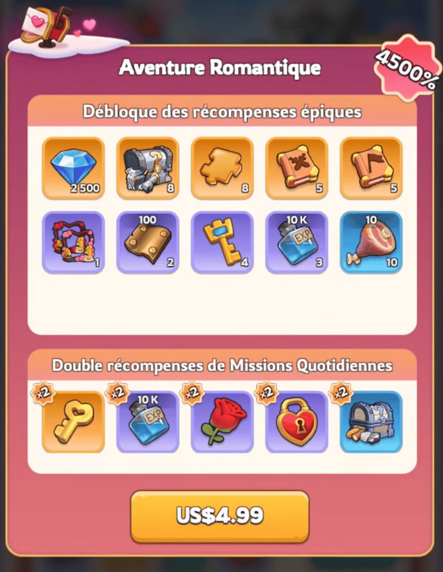 Aventure Romantique rewards