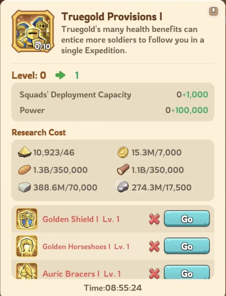 Truegold Provisions research node in KingShot showing the massive resource and Truegold Dust costs for Advanced Research