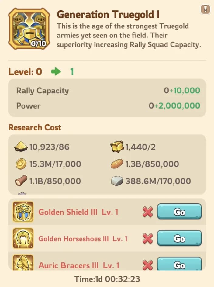 Generation Truegold research node showing Rally Capacity upgrades, an endgame goal for KingShot players after unlocking TG10.