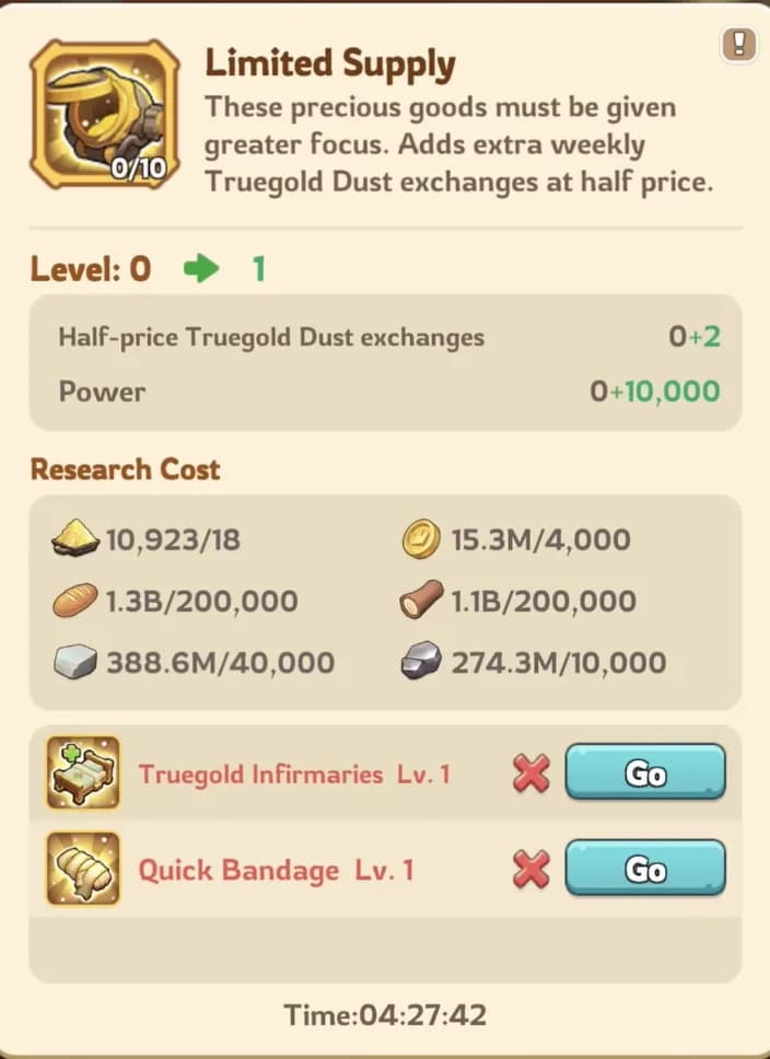 The Limited Supply node in KingShot Advanced Research which gives half-price Truegold Dust exchanges