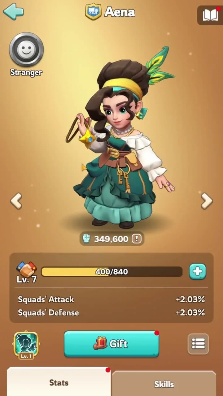 Aena Master profile showing Caravan Queen stats and bond level
