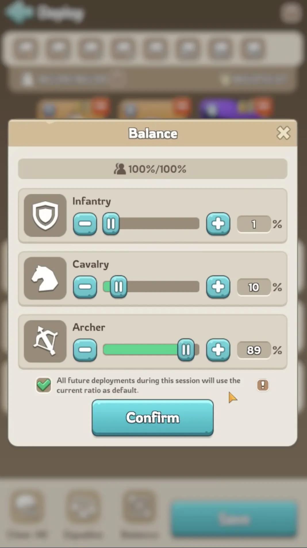 Golden 1/10/89 troop formation ratio for maximum damage