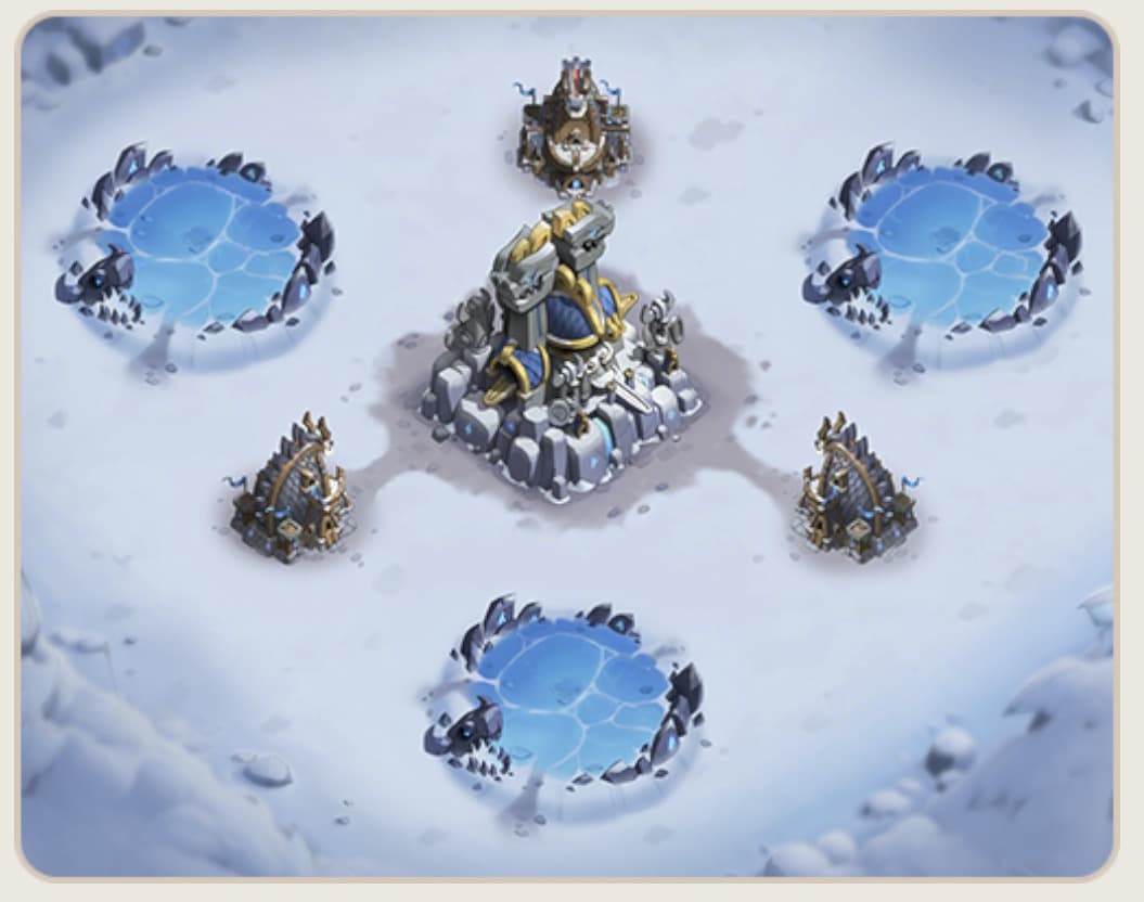 Kingshot Blizzard Brawl battle map showing the central Vault of Valor and three Forward Camps.