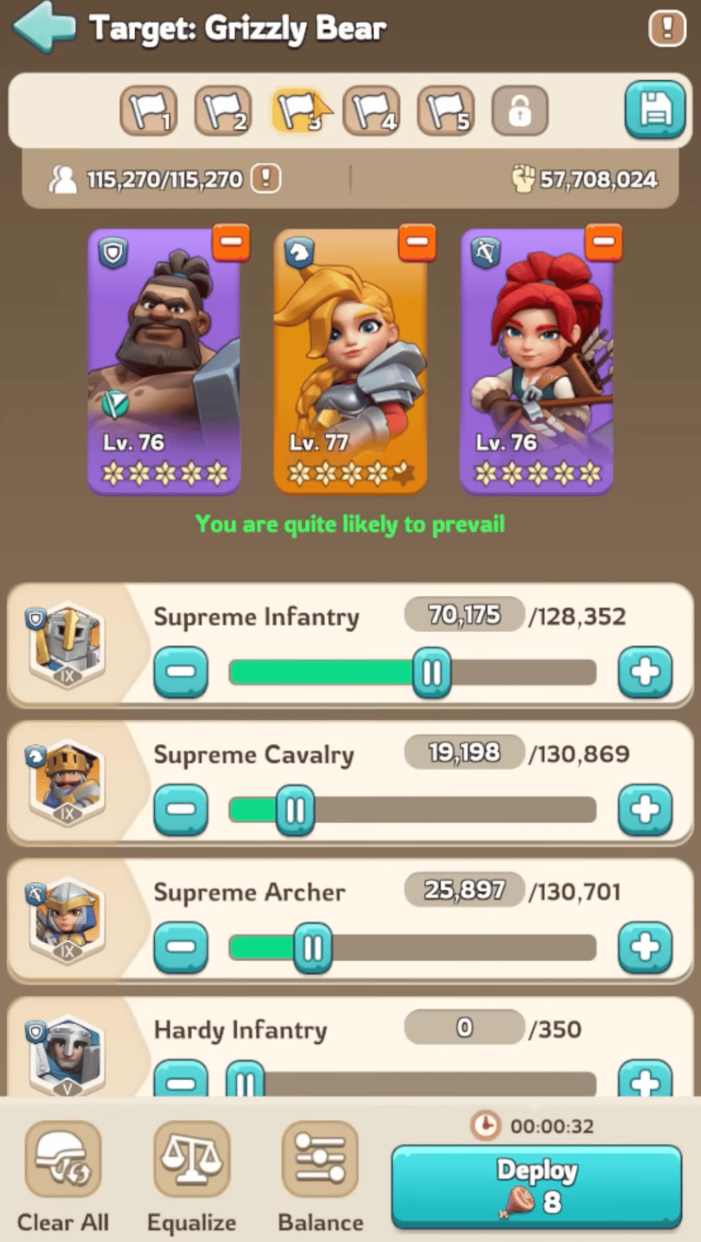 Troop ratio cheat sheet showing PvP, PvE, emergency mixes