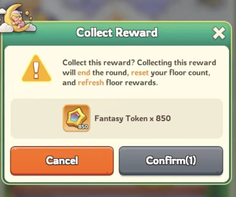 Kingshot pop-up prompt confirming collection of 850 Fantasy Tokens at Floor 4 in Fantasy Theater