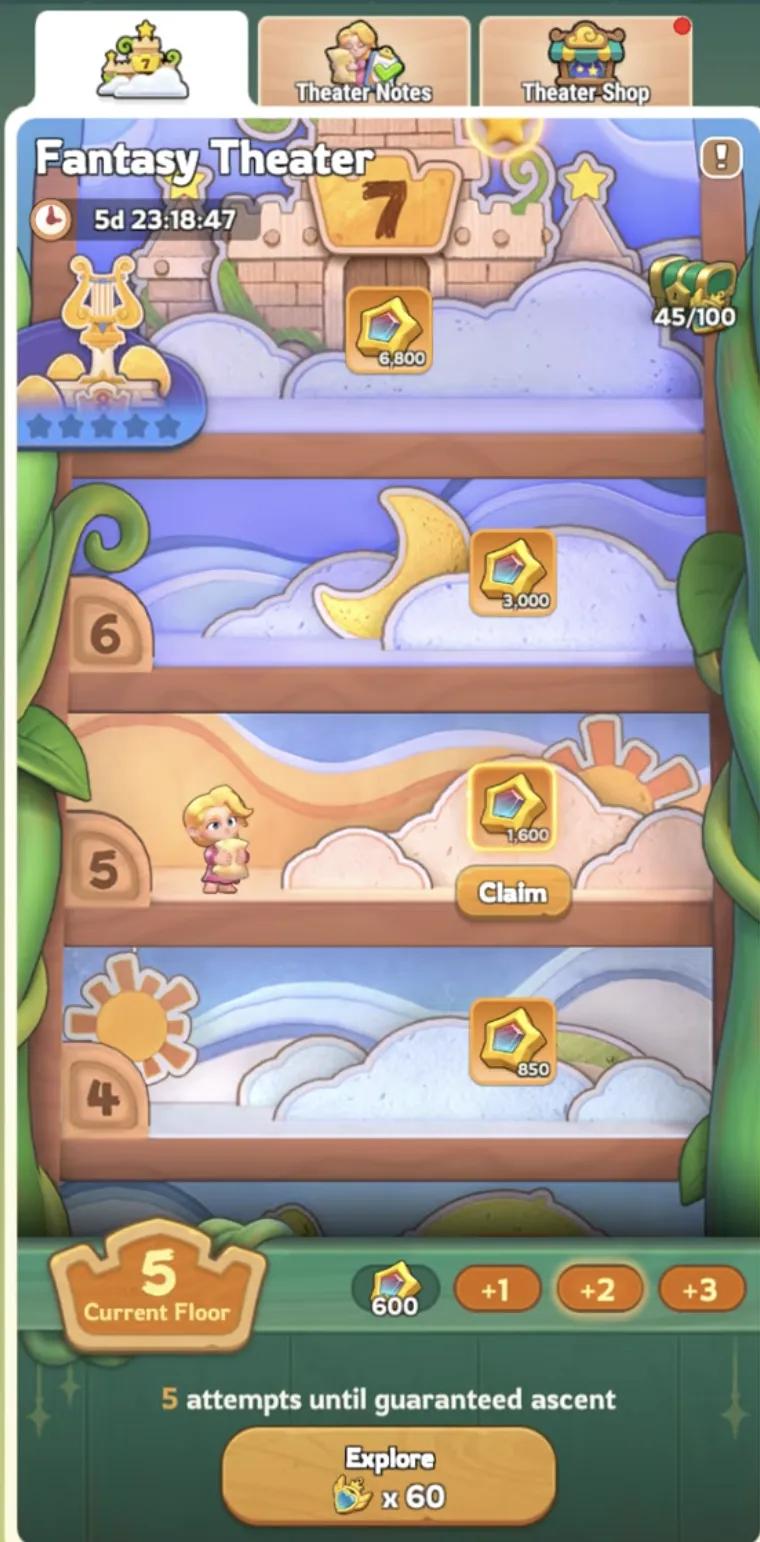 Kingshot Fantasy Theater Floor 5 and 6 ascent costs showing 60 to 100 Fantasy Amulets exploration requirement