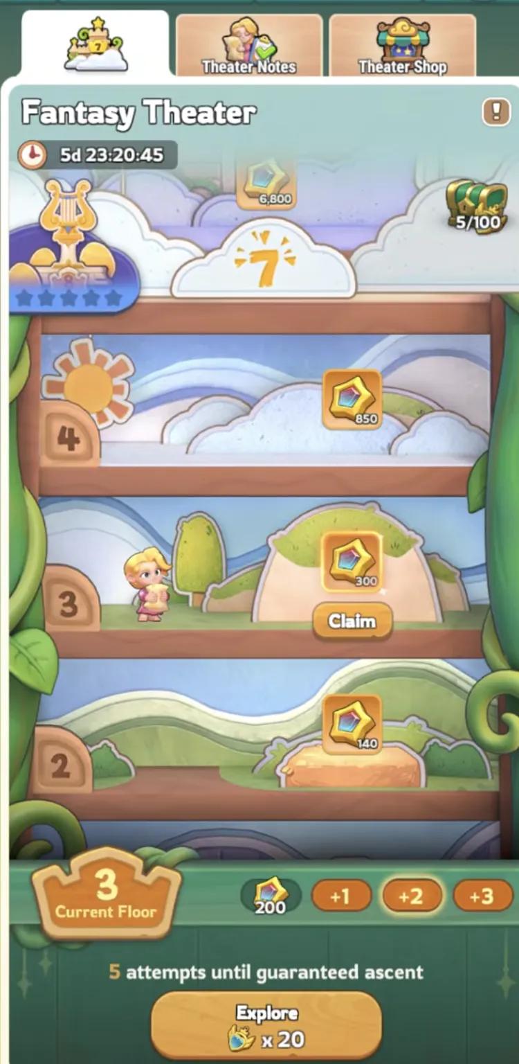 Kingshot Fantasy Theater event main exploration tower interface showing floors and Fantasy Amulets