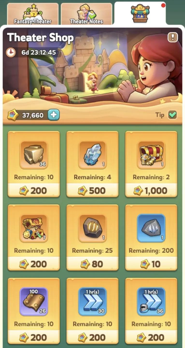 Kingshot Theater Shop items listing Truegold, Advanced Taming Marks, Mithril, and chests