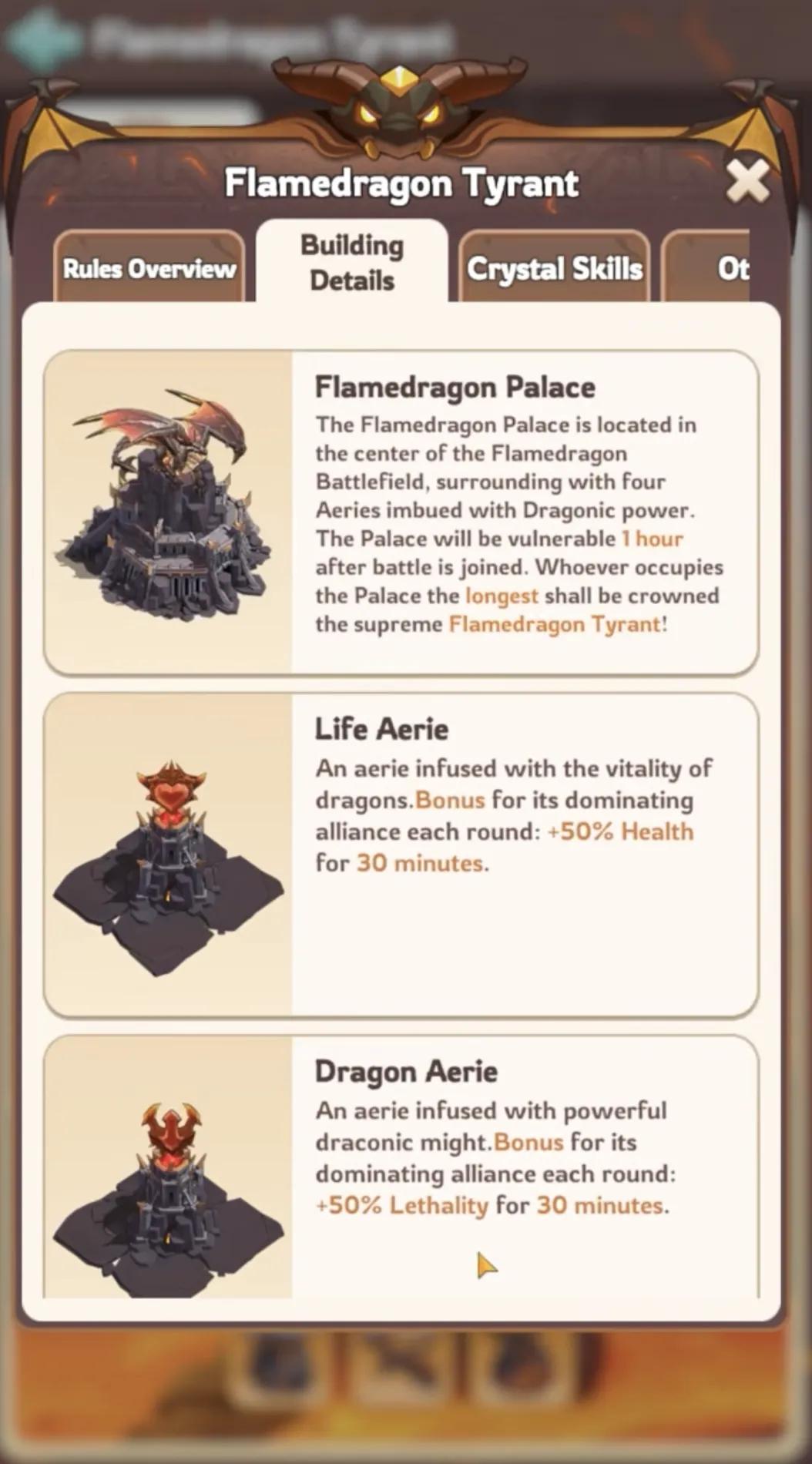 Kingshot Flamedragon Palace and surrounding Aeries buff details