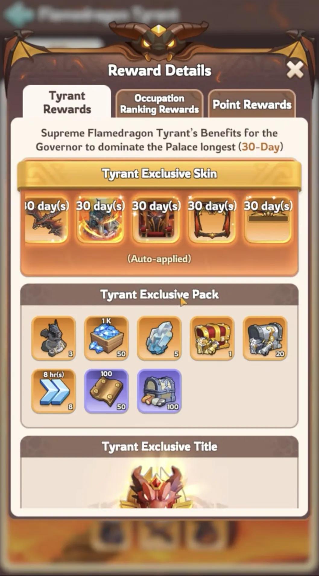 Kingshot Flamedragon Tyrant exclusive title stats and winner rewards