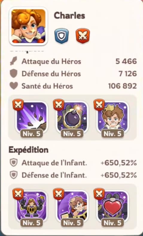 Charles Gen 7 Infantry hero defense stats and skills in Kingshot