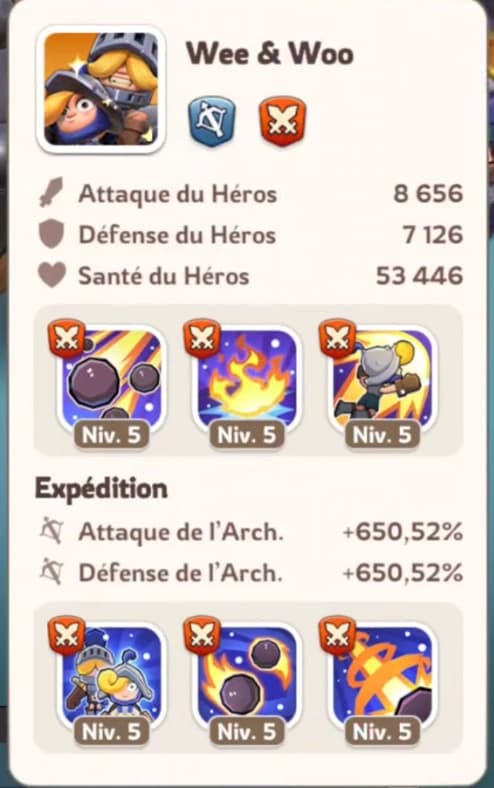 Wee and Woo Gen 7 Marksman hero skills and stats in Kingshot