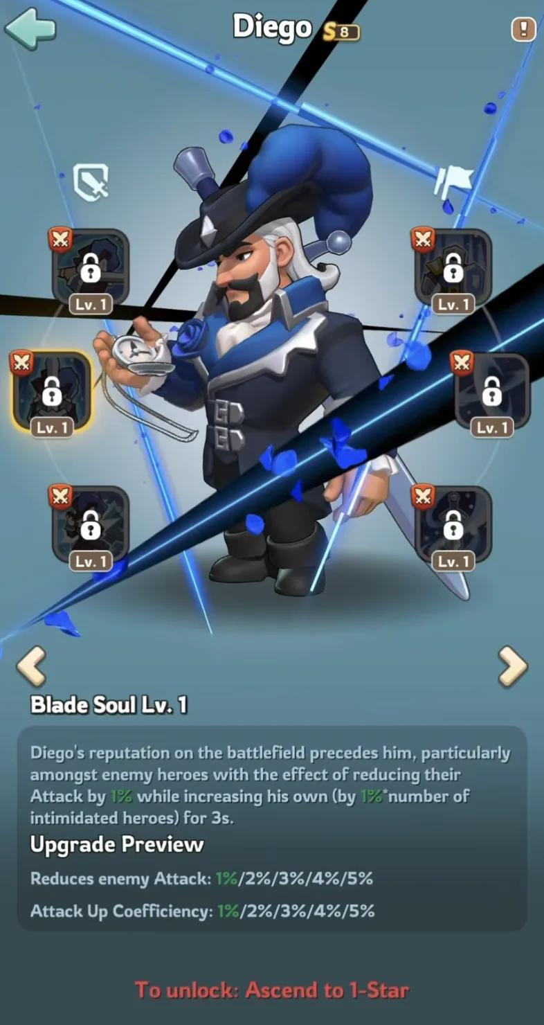 Diego's Blade Soul Conquest skill reducing enemy hero attack while boosting his own in Kingshot