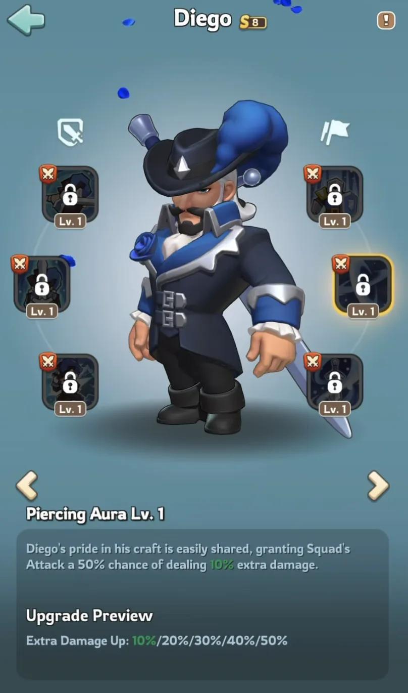 Diego's Piercing Aura expedition skill with a 50% chance of extra squad damage in Kingshot