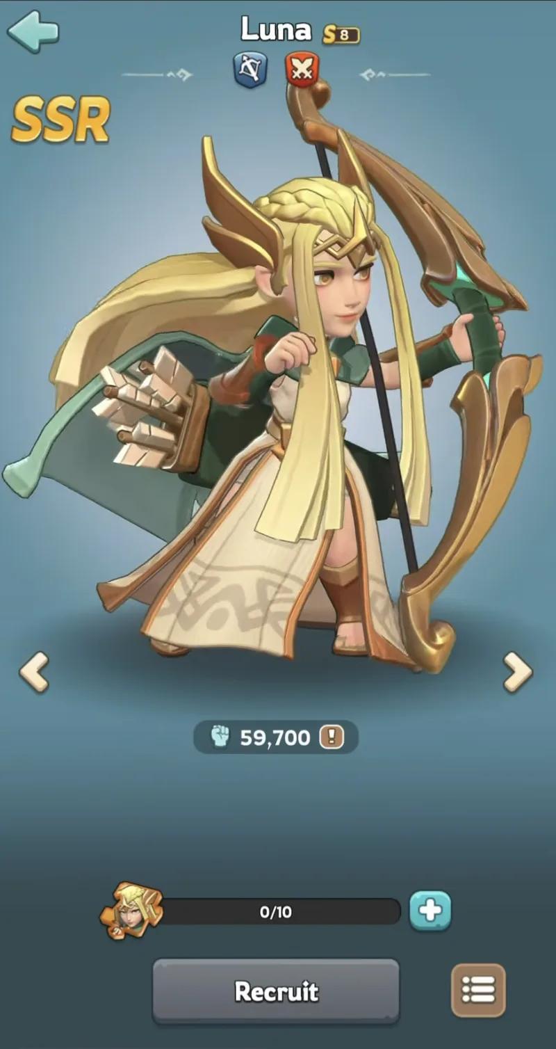 Luna, the Gen 8 SSR Archer hero in Kingshot, shown on her hero profile screen