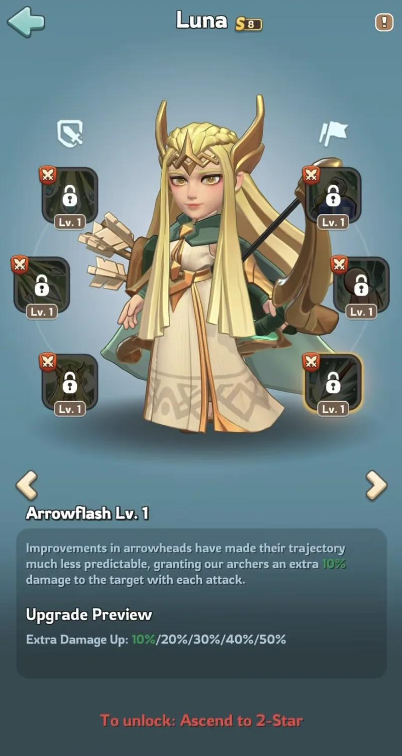 Luna's Arrowflash expedition skill, granting Kingshot archers extra damage on each attack