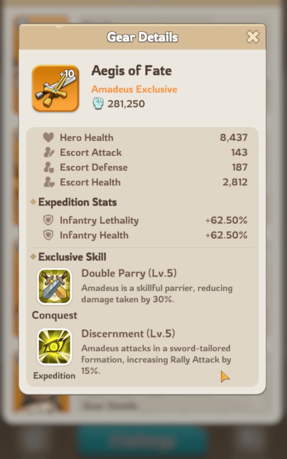 Amadeus exclusive Aegis of Fate widget showing rally defender health and lethality bonuses