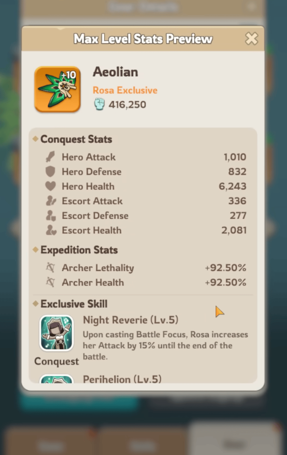 Aeolian Rosa exclusive widget highlighting lethality bonus for Rosa