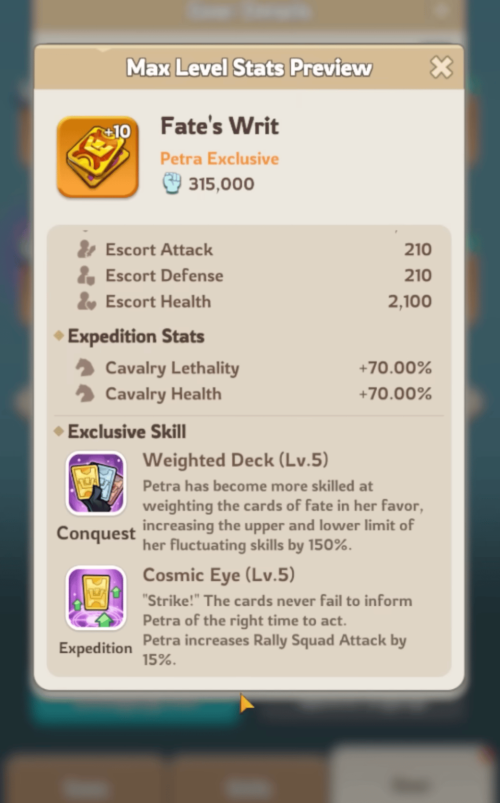 Fate Writ Petra exclusive widget showcasing defender squad stat bonus