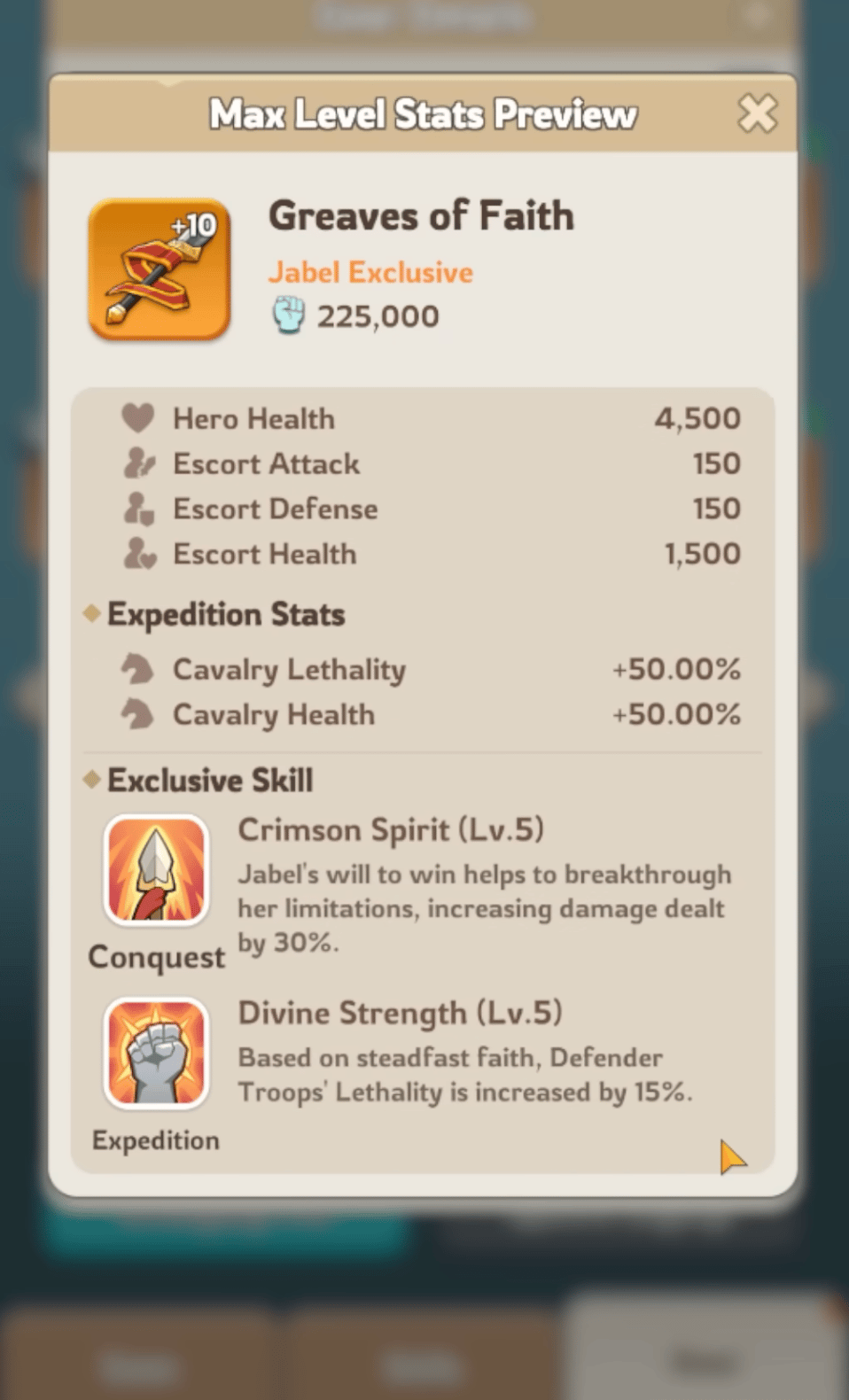 Greaves of Faith Jabel exclusive widget stats for rally tank builds