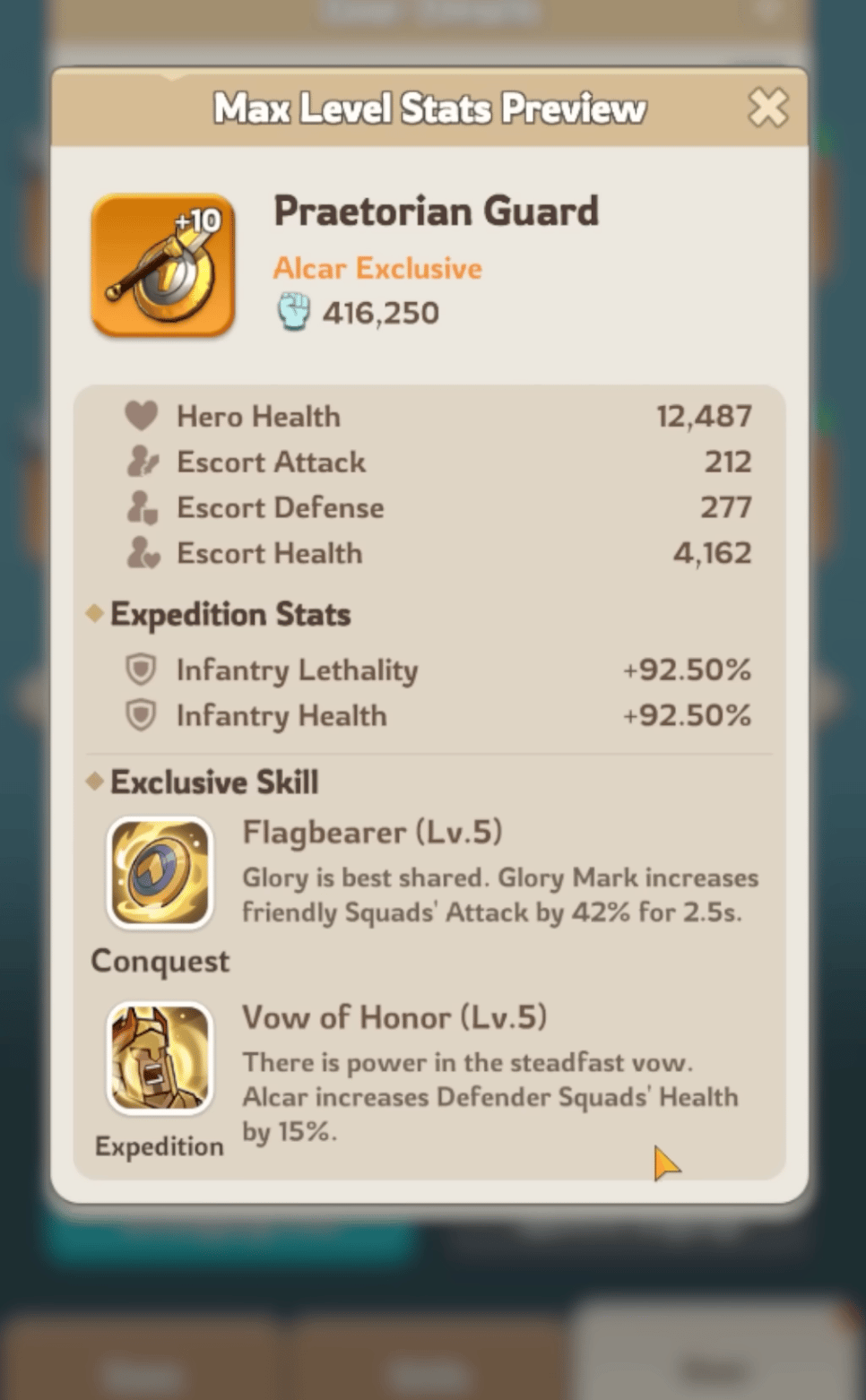 Praetorian Guard Alcar exclusive widget showing defender squad multipliers