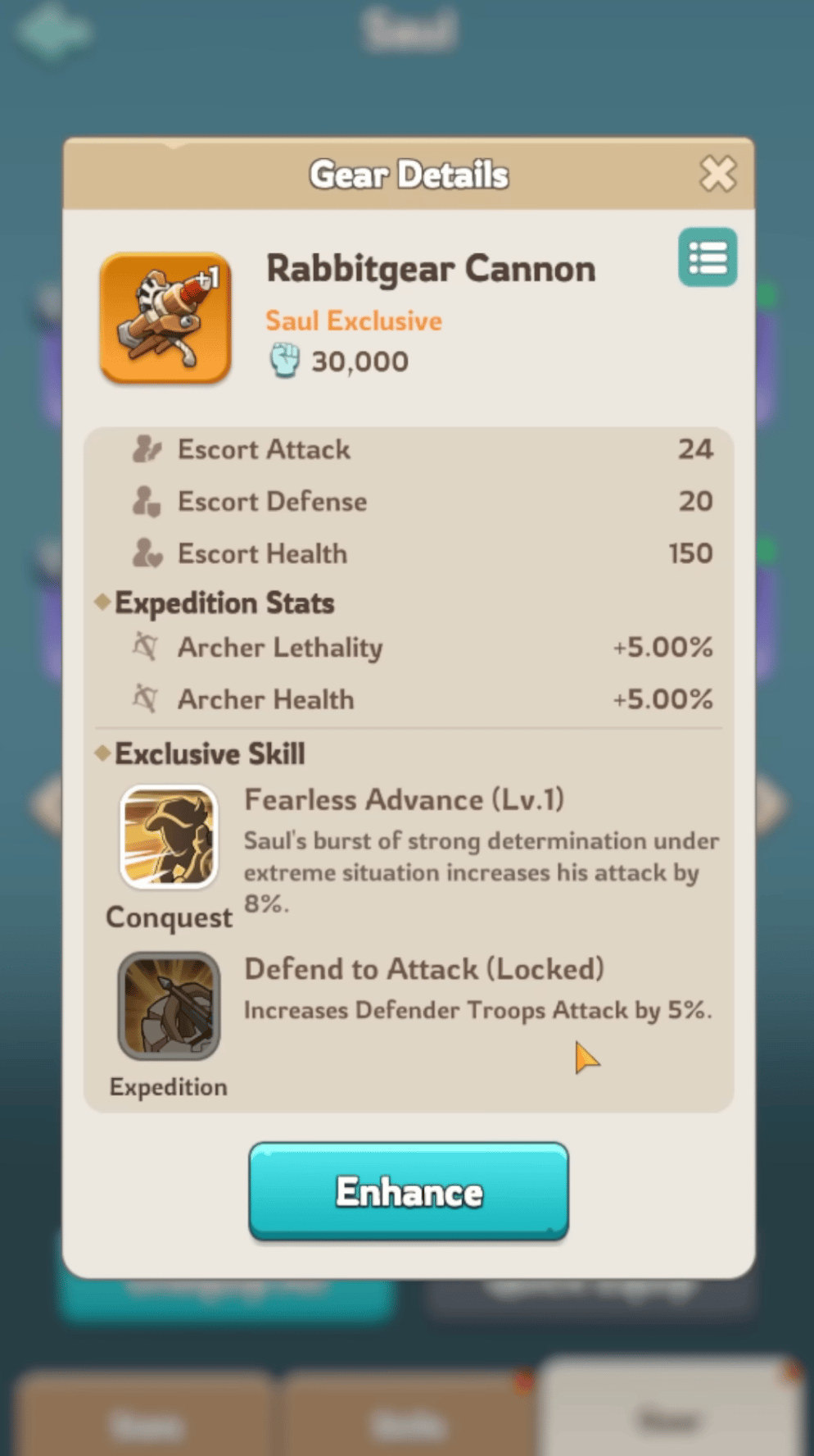 Rabbitgear Cannon Saul exclusive widget with siege attack stats