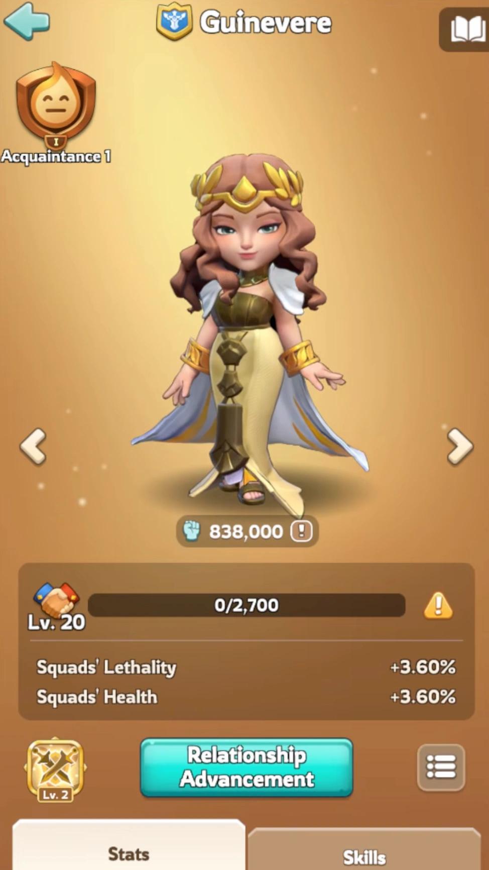 Guinevere overview, showing her Swordland-focused Master screen