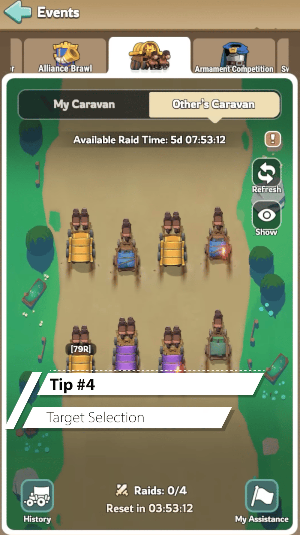 Alliance Brawl raid target dashboard with rival tags