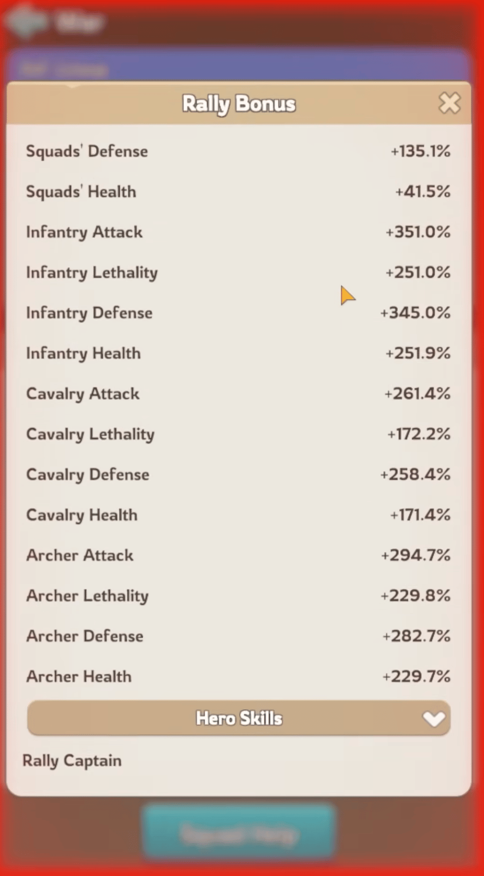Kingshot rally bonus breakdown window with squad buffs and hero skills