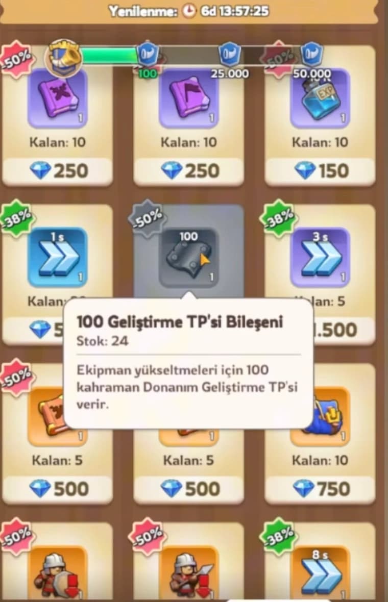 Purchasing the 100 Hero Gear EXP component in the KingShot VIP Shop.
