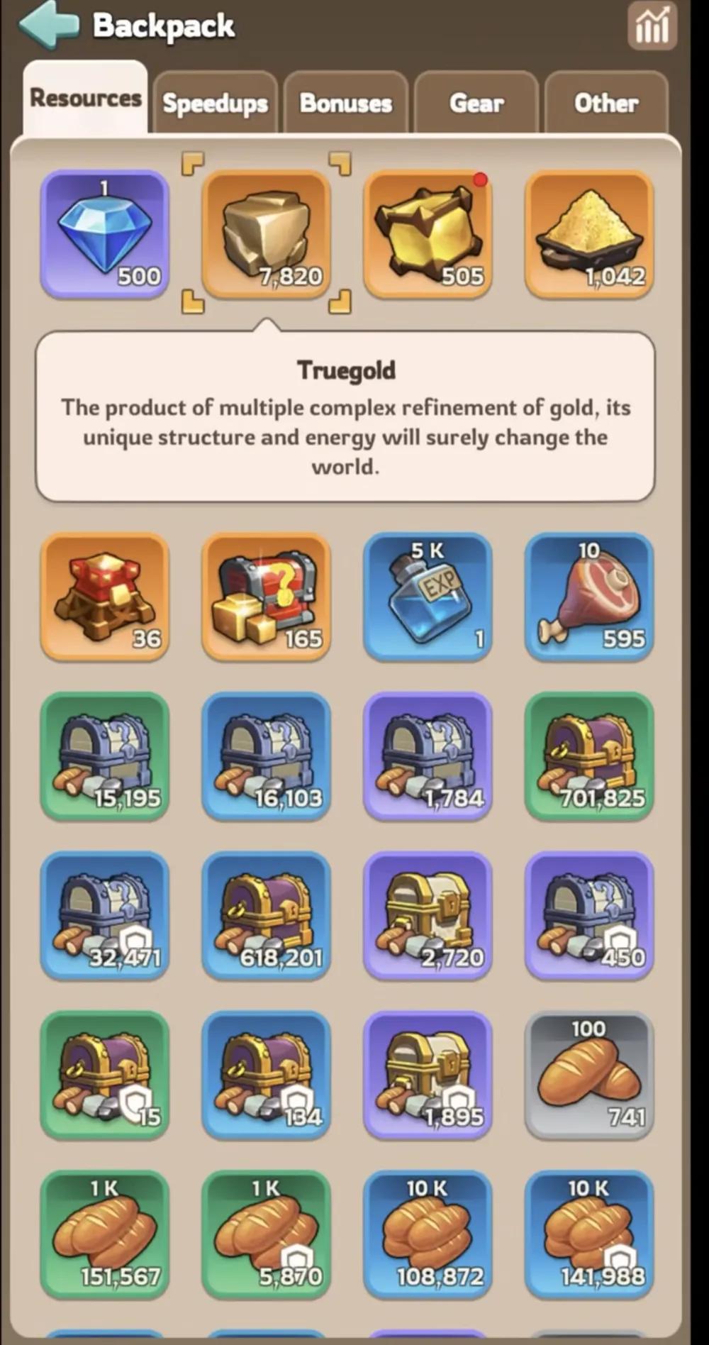 Kingshot player backpack showing over 22000 Truegold and 505 Tempered Truegold for TG8 upgrade.