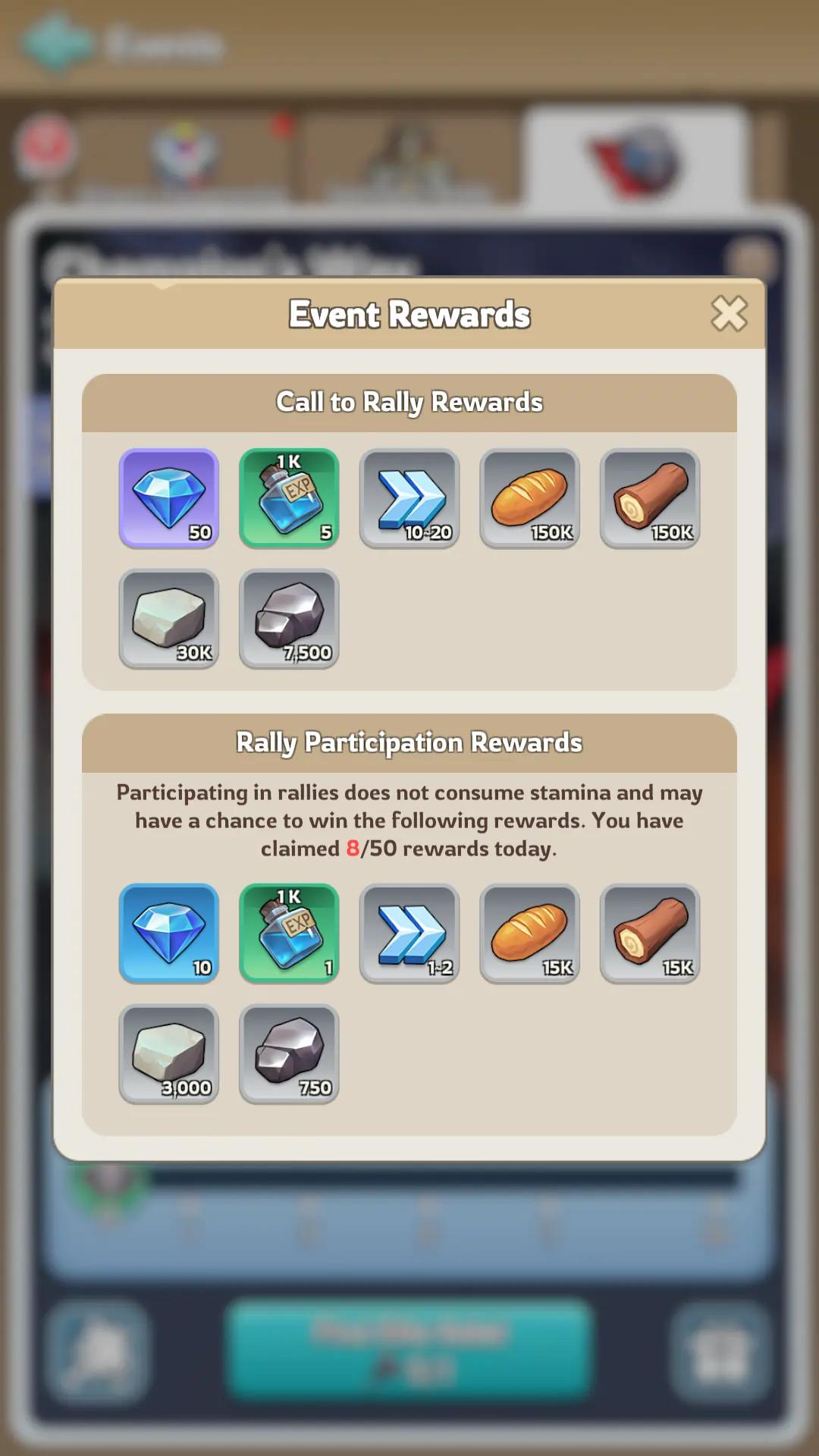 Champion's Way rally rewards system showing daily participation limits, alliance coordination benefits, and Elite Rebel challenge rewards
