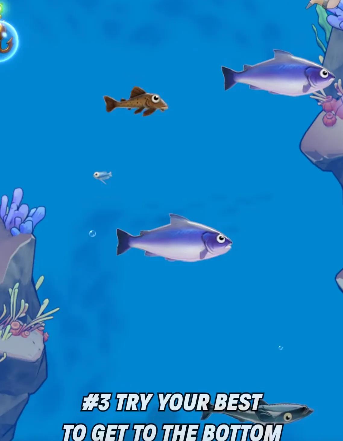 Kingshot fishing gameplay showing hook descending to maximum depth of 550 meters while avoiding obstacles and fish
