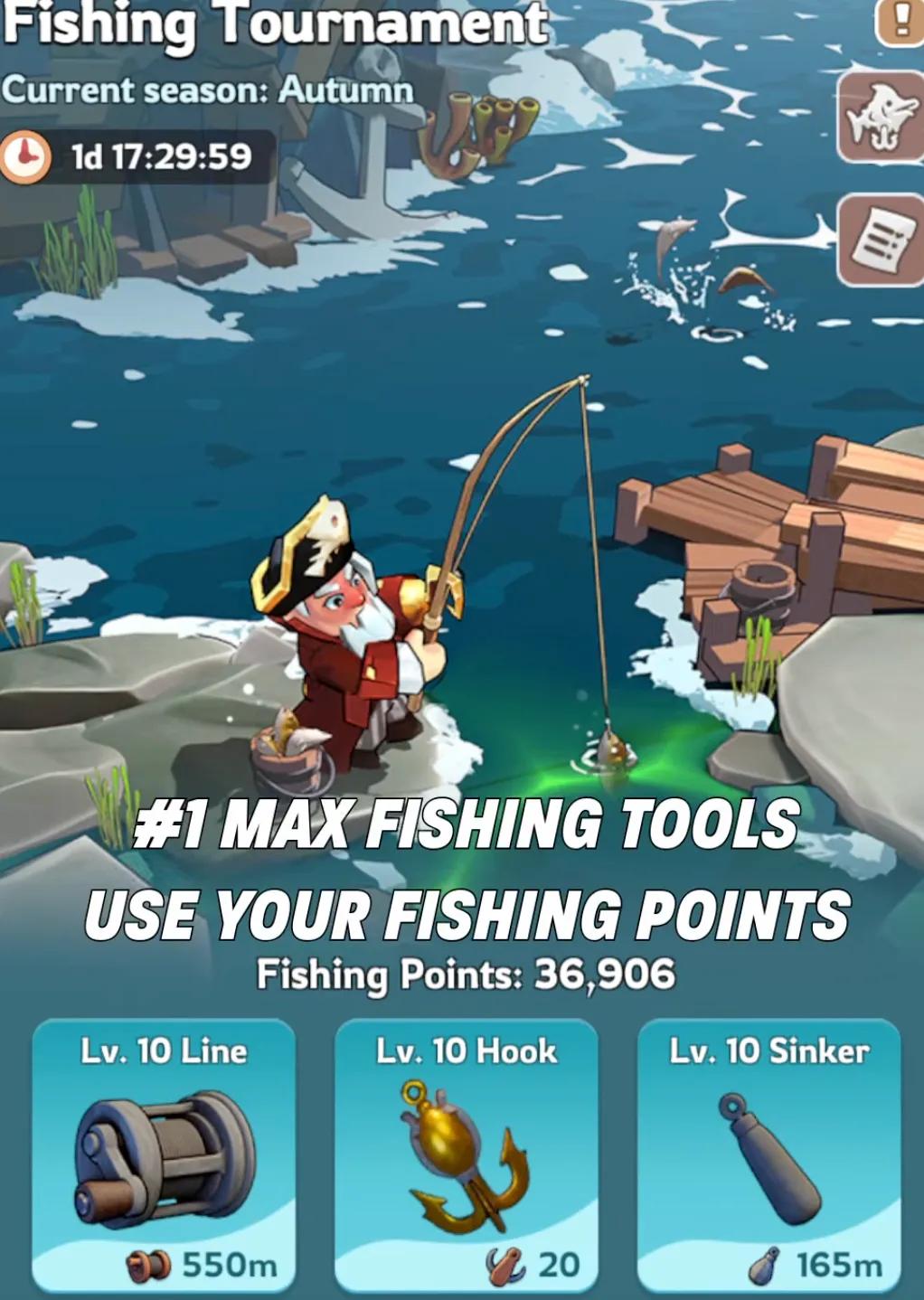 Kingshot fishing tools upgrade interface showing Line, Hook, and Sinker at maximum level 10 with fishing points