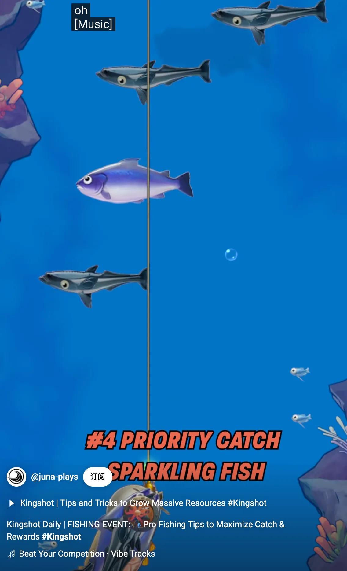 Kingshot fishing ascent phase showing sparkling fish, treasure chests, and mermaids with hook capacity management