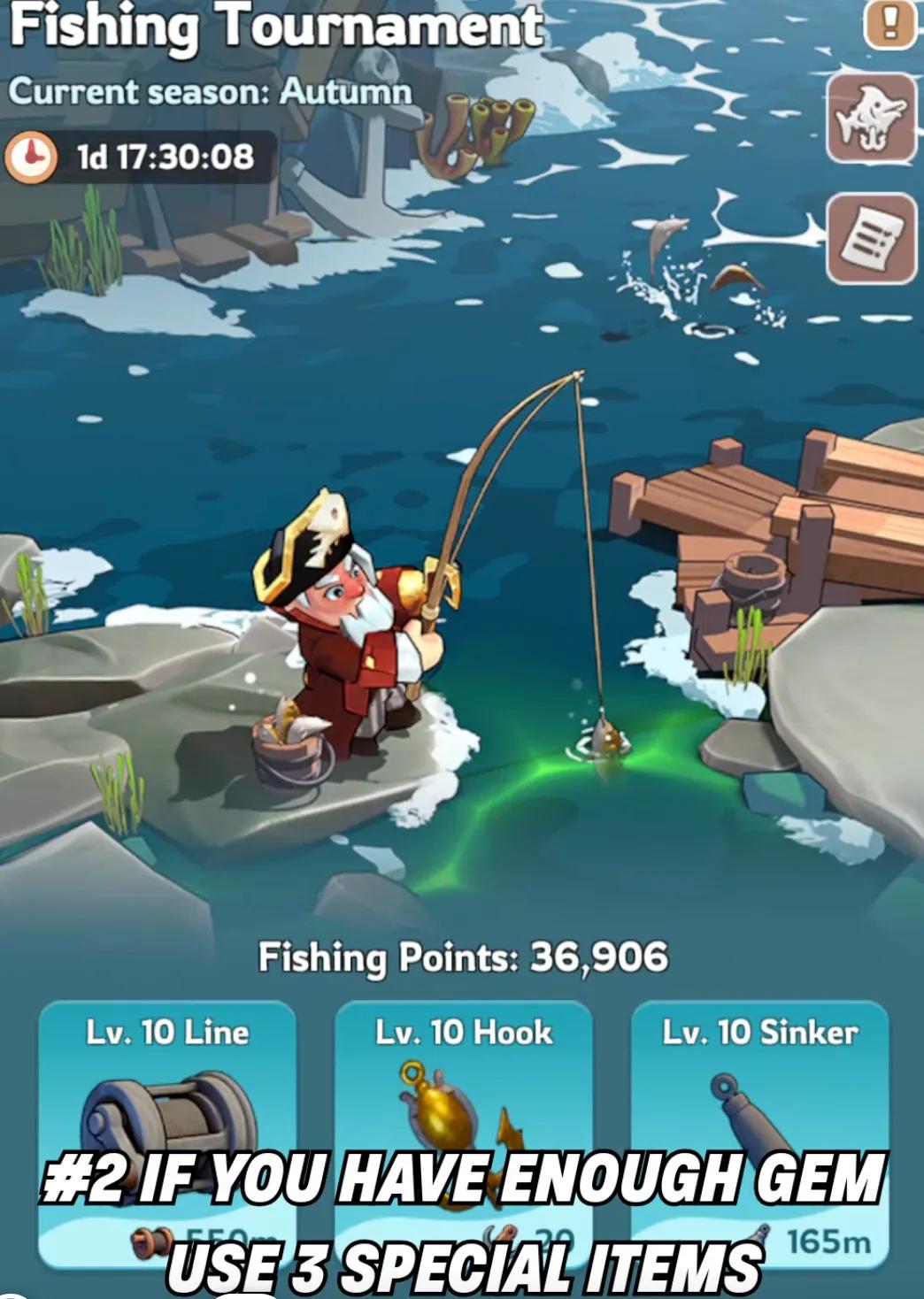 Kingshot fishing special items interface displaying Reel Stabilizer, Lantern, and Ocean Scanner with their strategic benefits