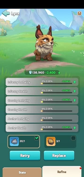 Lynx before refinement - displaying the pet's initial combat capabilities