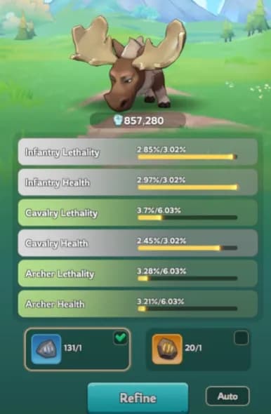 Moose after refinement - fully enhanced high-rarity pet with maximized combat stats