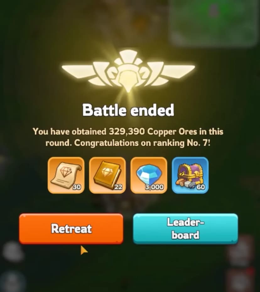 Kingshot Eternity's Reach battle results showing 329,390 Copper Ores earned and Rank #7 achievement with rewards including 3,000 diamonds