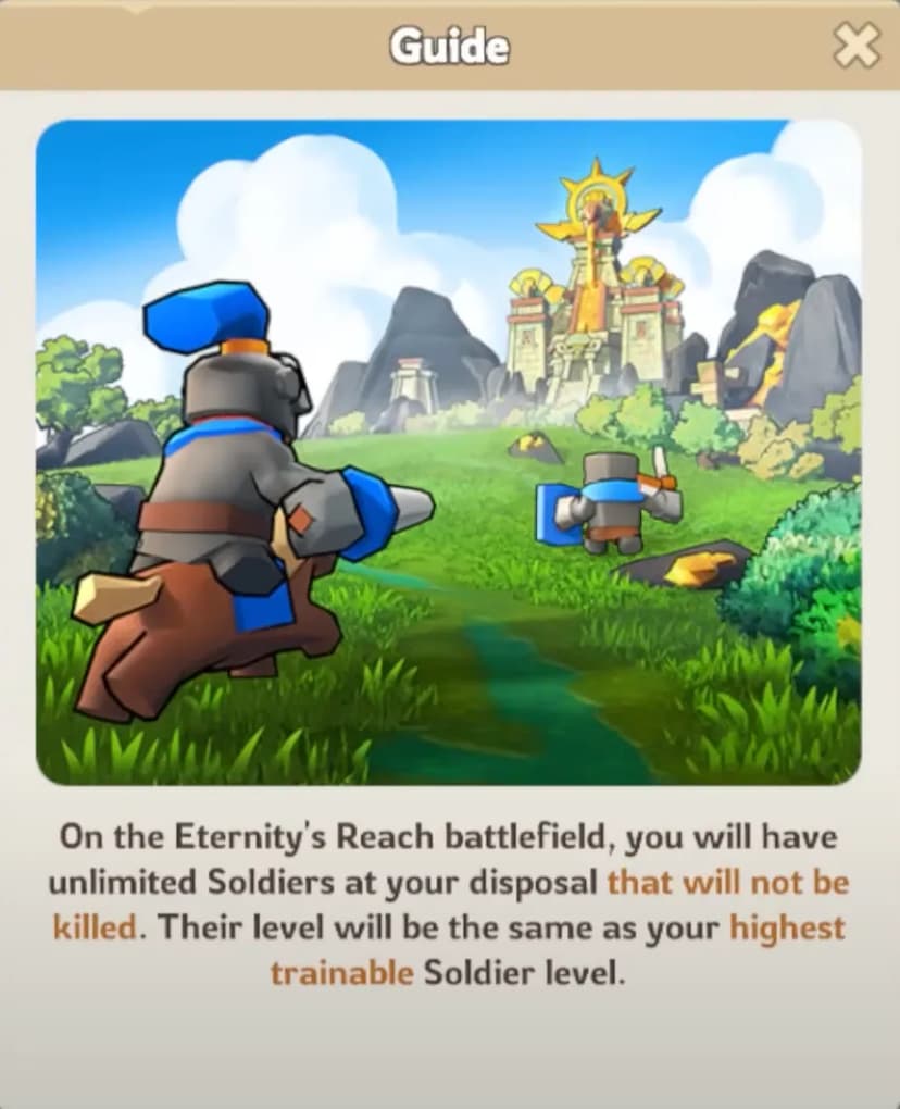 KingShot Eternity's Reach battlefield showing unlimited soldiers that cannot be killed, with soldier levels matching your highest trainable level