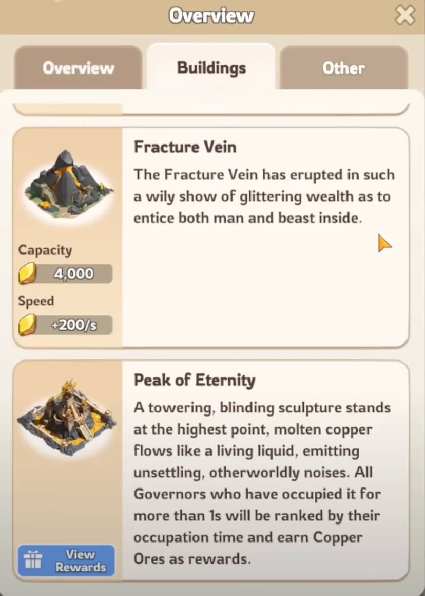 KingShot Eternity's Reach showing Fracture Vein (4,000 capacity, +200/s speed) and Peak of Eternity tower where governors compete for copper ore rewards based on occupation time