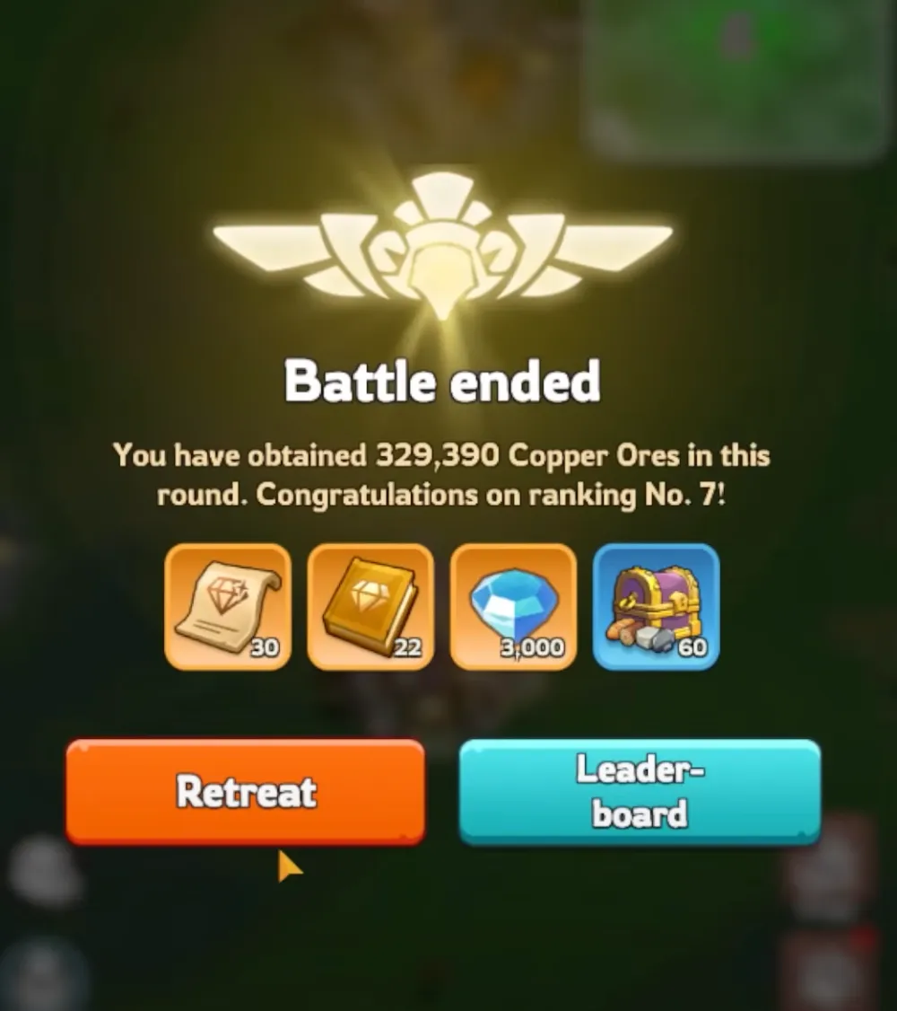 Kingshot Eternity's Reach battle results showing 329,390 Copper Ores earned and Rank #7 achievement with rewards including 3,000 diamonds