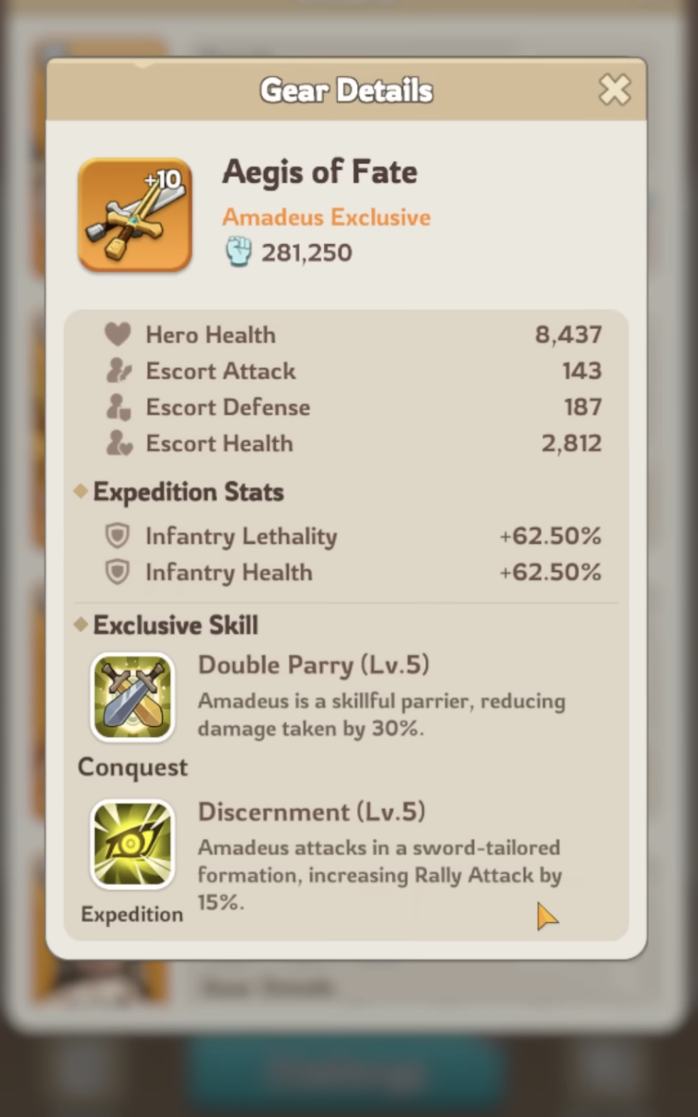 Amadeus exclusive Aegis of Fate widget showing rally defender health and lethality bonuses