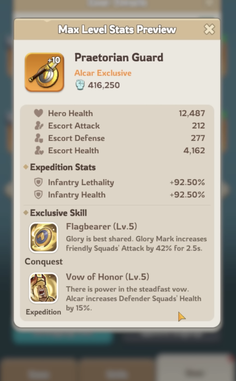 Praetorian Guard Alcar exclusive widget showing defender squad multipliers