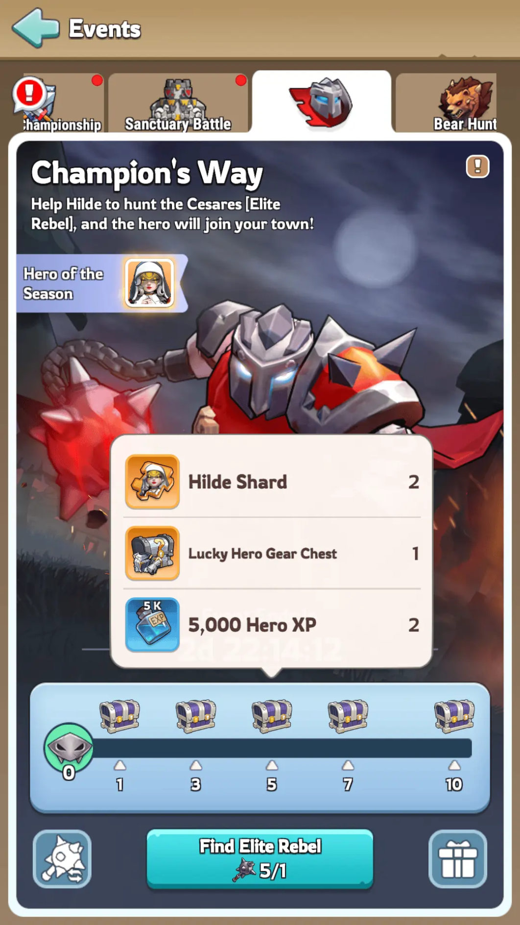 Champion's Way milestone chest 7 rewards with premium Hilde shards, exclusive gear, and advanced crafting materials